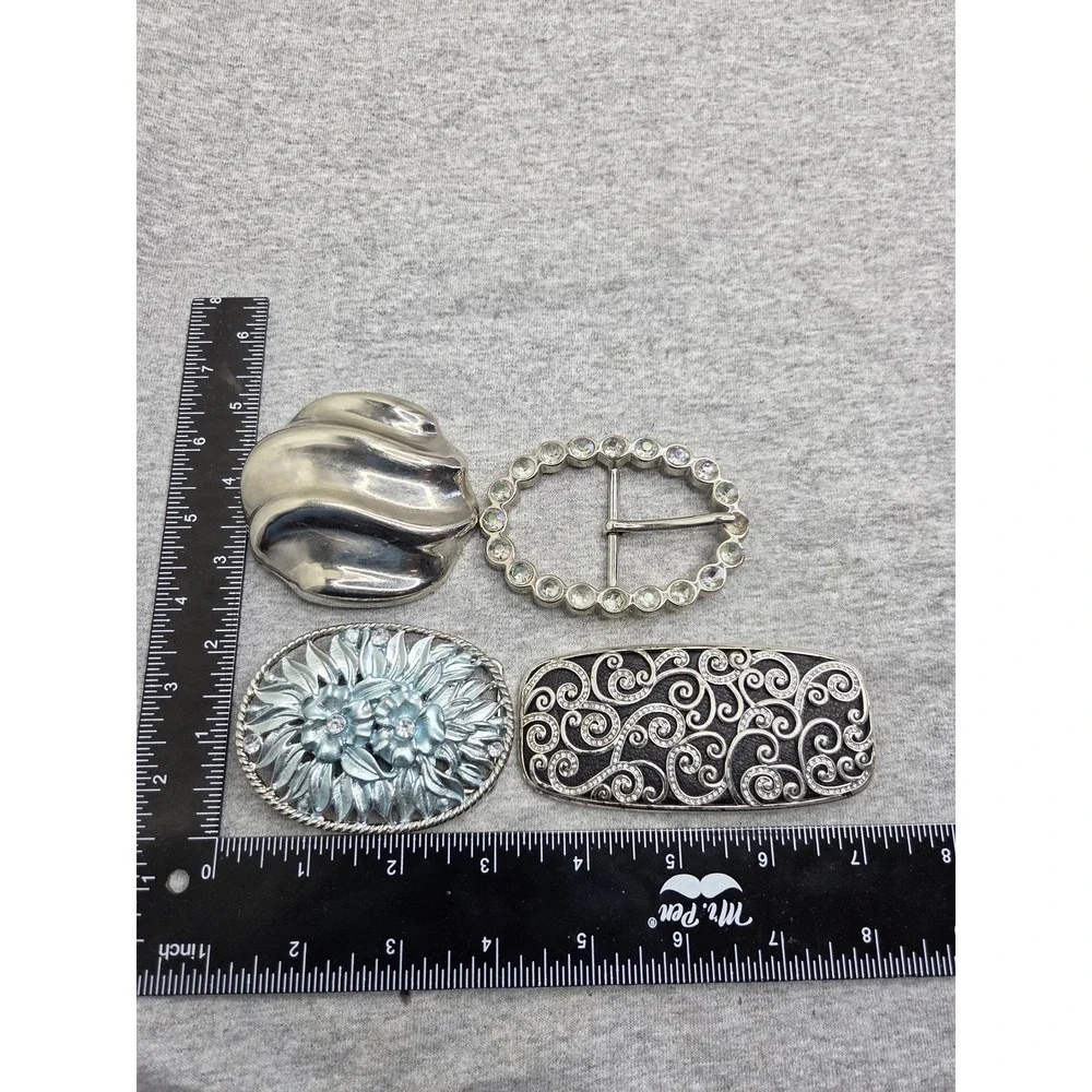Lot of 4 Vintage Boutique Floral Leather Rhinestone Womens Belt Buckles Boho